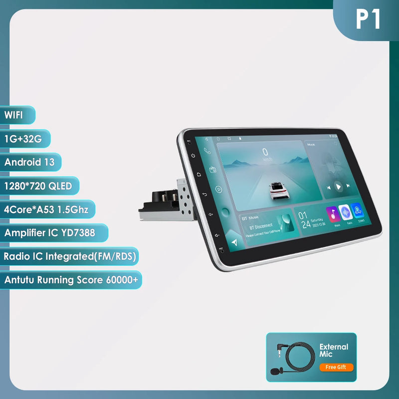 1 Din Android Car Stereo Radio 10.1 Rotate Touch Screen Removable for Universal Carplay GPS Navigation Bluetooth WIFI Autoradio