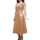 The Patent Hour | High-Gloss PVC Leather Midi Dress with Turn-Down Collar