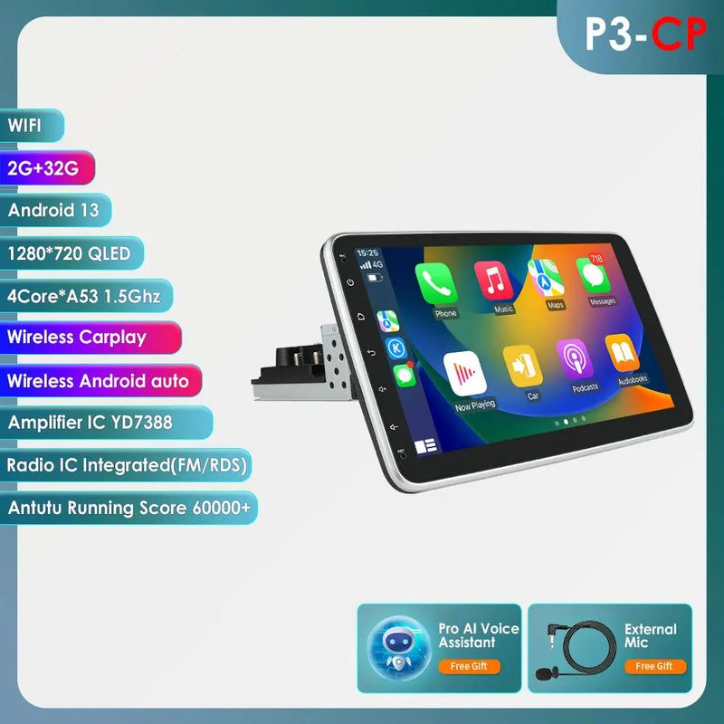 1 Din Android Car Stereo Radio 10.1 Rotate Touch Screen Removable for Universal Carplay GPS Navigation Bluetooth WIFI Autoradio