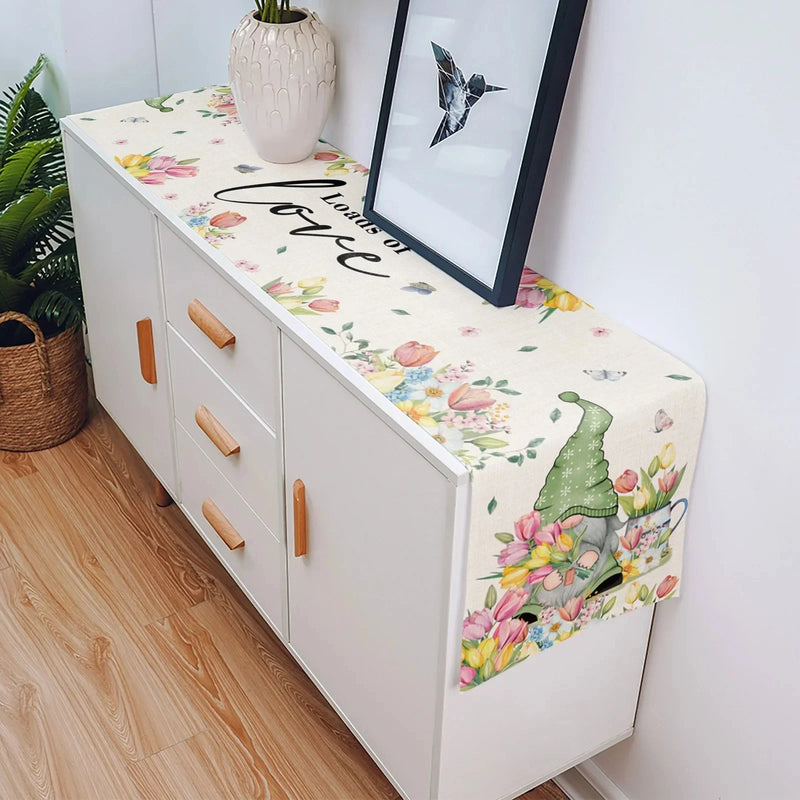 Spring Easter Tulip Gnome Linen Table Runners Holiday Party Decor Farmhouse Kitchen Dining Table Runners Easter Decoration 2024