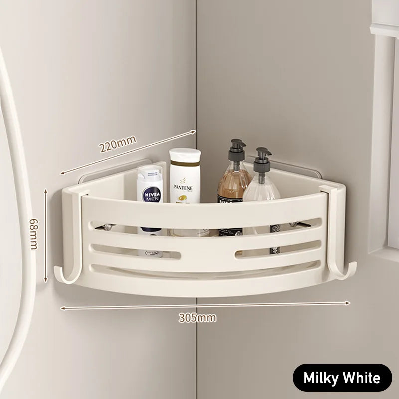 White Bathroom Shelves with Towel Bar and Hooks Shampoo Mackeup Storage Organizer Self Adhesive Wall Mounted Shower Corner Rack