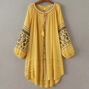 Boho Dress For Women Cotton Floral Embroidery O-neck Tassel Lantern Long Sleeve Vintage Shirt Dresses Casual Holiday Vestidos