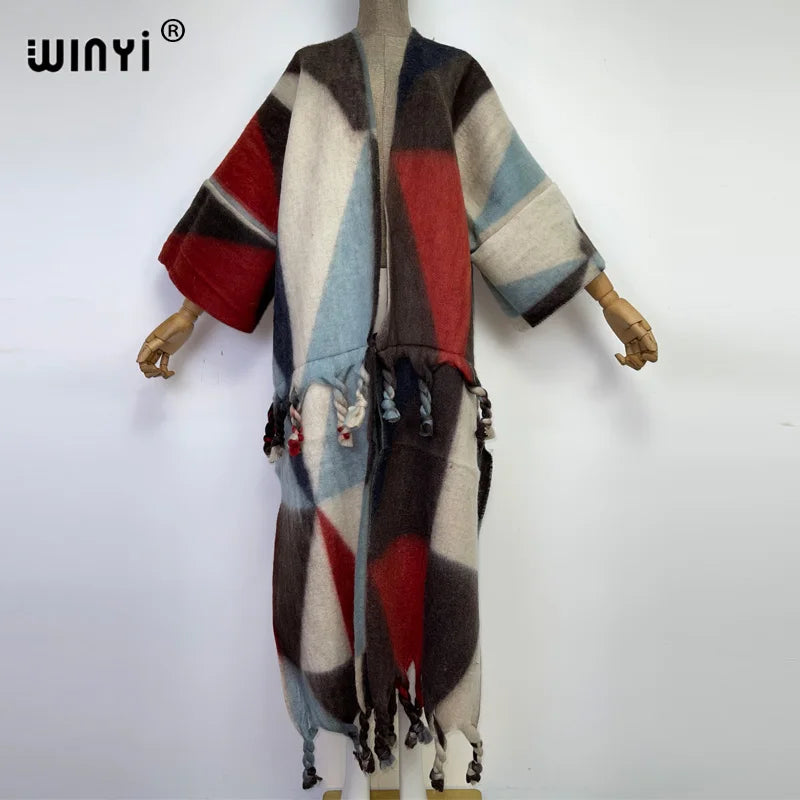 2022 WINYI Winter Women tassel Cardigan coat Loose Christmas dress robe longue Thick Warm free size Middle East Female Kaftan