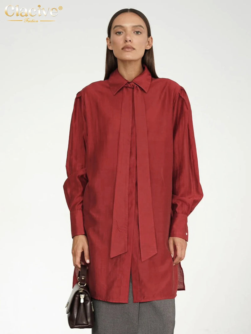 Clacive Fashion Loose White Women Blouse 2025 Casual Lapel Long Sleeve Shirt Elegant Classic Tie See Through Top Female Clothing