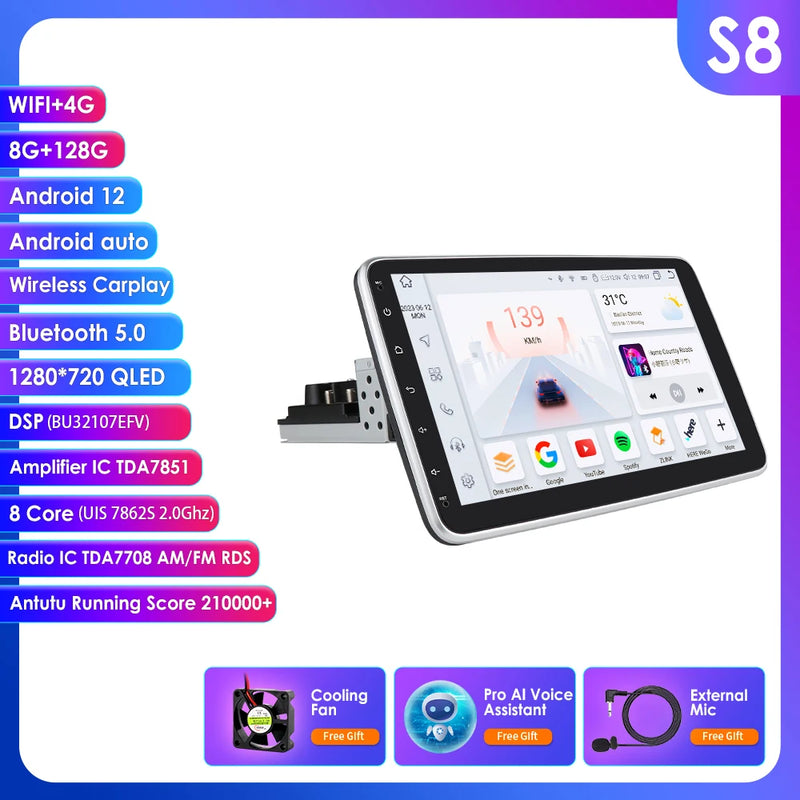 1 Din Android Car Stereo Radio 10.1 Rotate Touch Screen Removable for Universal Carplay GPS Navigation Bluetooth WIFI Autoradio