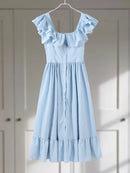 Flying Sleeve Ruffle Striped Slip Long Dress Women Elegant Square Collar Waist Cinching Pleat Party Dresses Chic Ladies Vestido