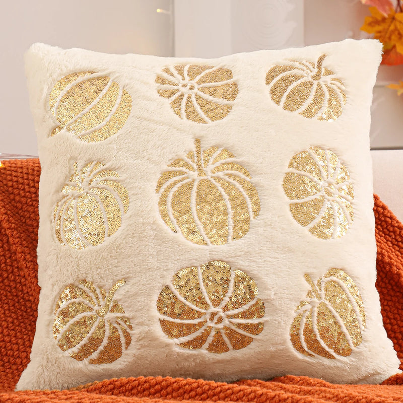 1 PC Halloween Decoration Throw Pillow Cover Pumpkin Ghost Gold Sequin Embroidery Plush Autumn Thanksgiving Harvest Living Room