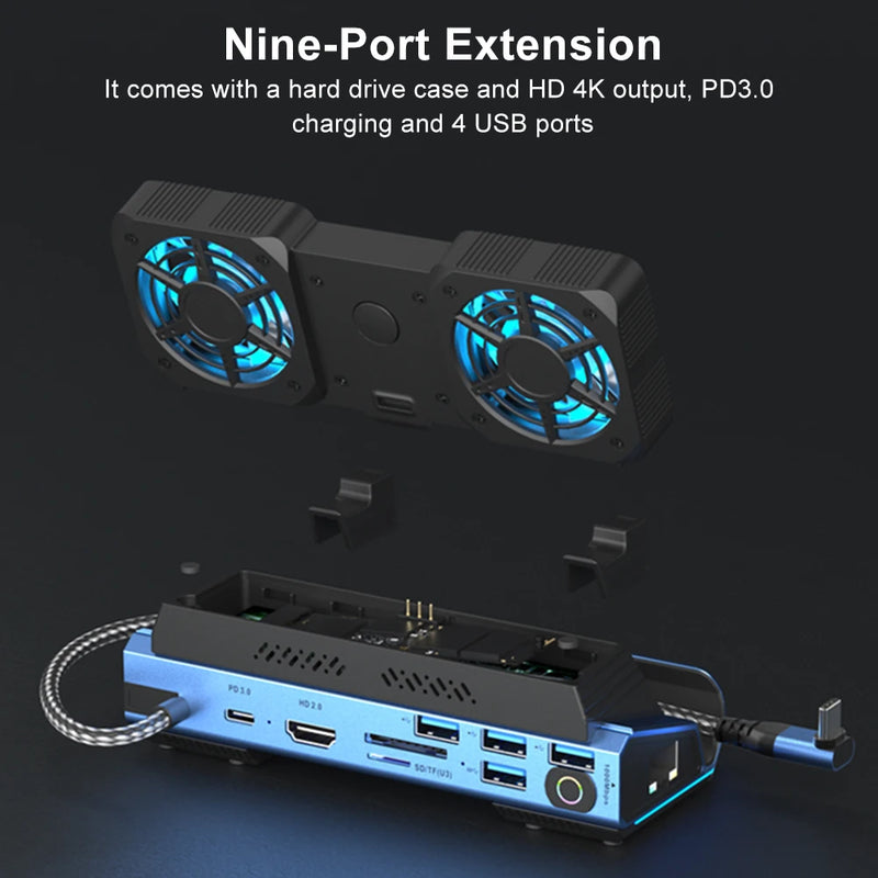 Docking Station Dual Cooling Fan 4K@60Hz 4 USB Ports PD100W Gigabit Ethernet for Steam Deck & Lenovo Legion GO