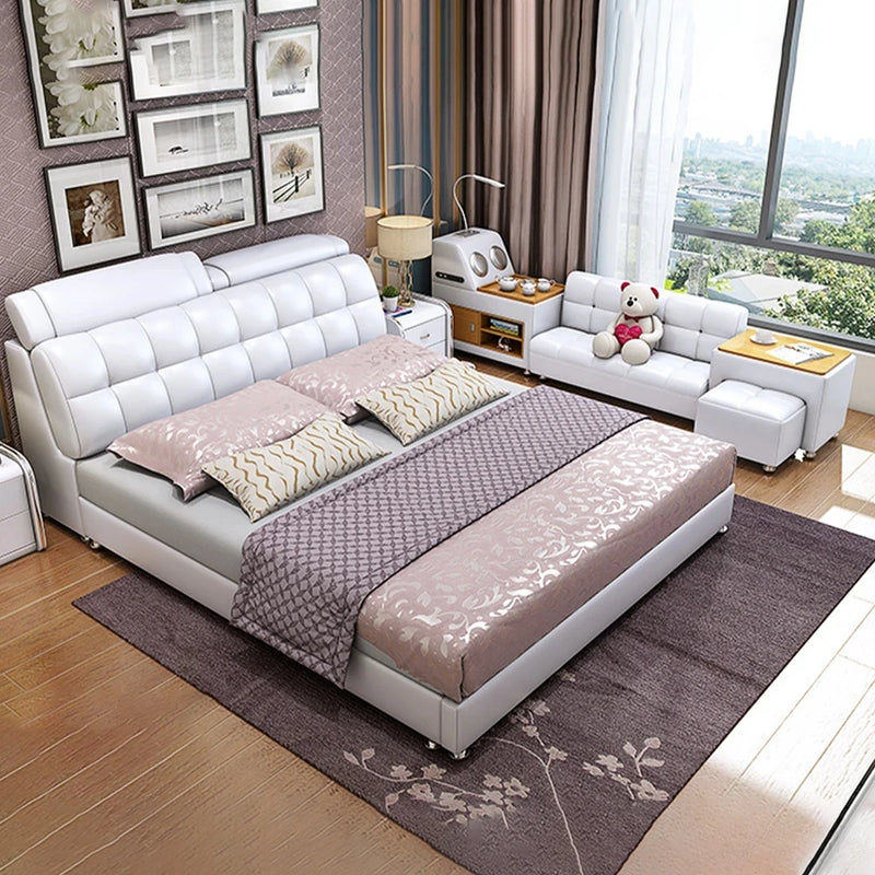 Bed Frames Tech Smart Multifunctional Bed with Genuine Leather, Sofa, USB, Bluetooth Speaker, Tatami and Safe