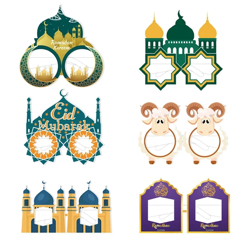 12/6pcs EID Mubarak Decoration Paper Glasses Frame Ramadan Islamic Muslim Photo Booth Props Kids Gift Eid Al Adha Party Supplies