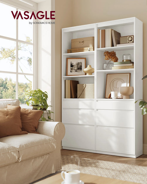 Bookcase, 3 Drawers of Different Sizes, Adjustable Shelves, Height 180 cm, Modern, Space Saving, Snow White