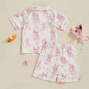 Kids Easter Satin Pajamas Set with Bunny Print Short Sleeve Lapel Button Down Tops and Shorts Sleepwear for Boys and Girls