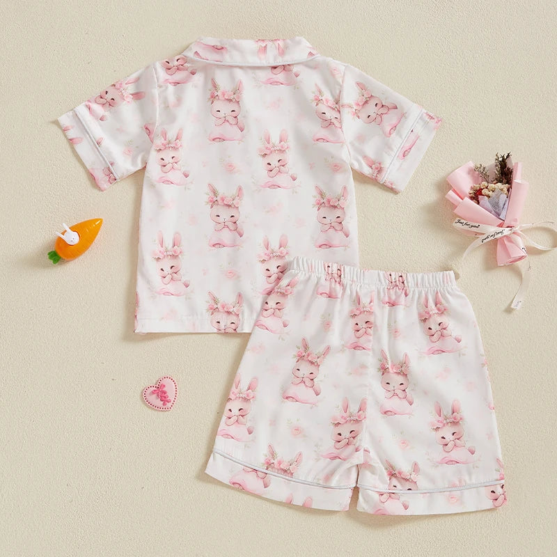 Kids Easter Satin Pajamas Set with Bunny Print Short Sleeve Lapel Button Down Tops and Shorts Sleepwear for Boys and Girls