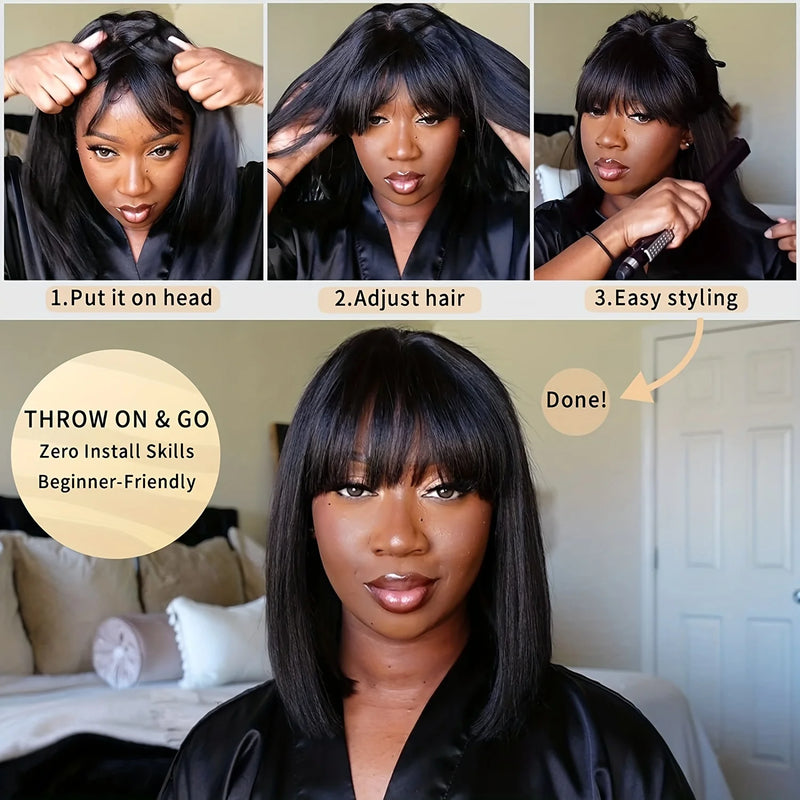 Choice Short Bob Wig Bone Straight 100% Human Hair With Bangs  3x1 Lace Middle Part Wigs For Black Women Bob Wigs