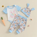 0-18M Baby Boy 3PCS Easter Outfits Short Sleeve Letter Romper with Bunny Egg Pattern Pants and Hat Newborn Sets