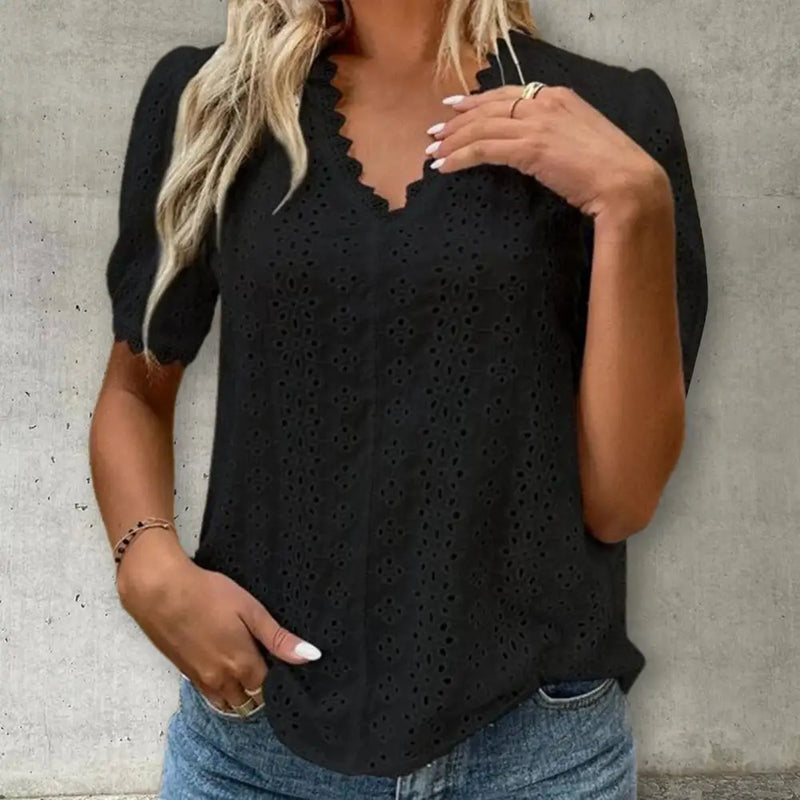 Lady Tee Top V-Neck Short Sleeve Solid Color Women Blouse Lace Spliced Hollow Summer Pullover Top Female Streetwear