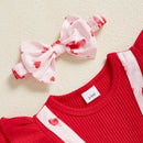 Adorable Toddler Girls Heart Print Romper Dress with Ruffles Long Sleeves and Matching Headband for Valentine s Day