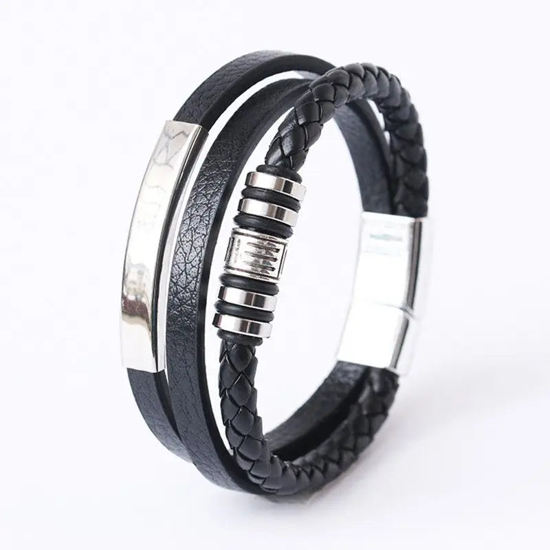 Trendy Leather Bracelets For Men Stainless Steel Bracelet 21CM Multilayer Braided Rope Bracelets for Male Jewelry Gifts