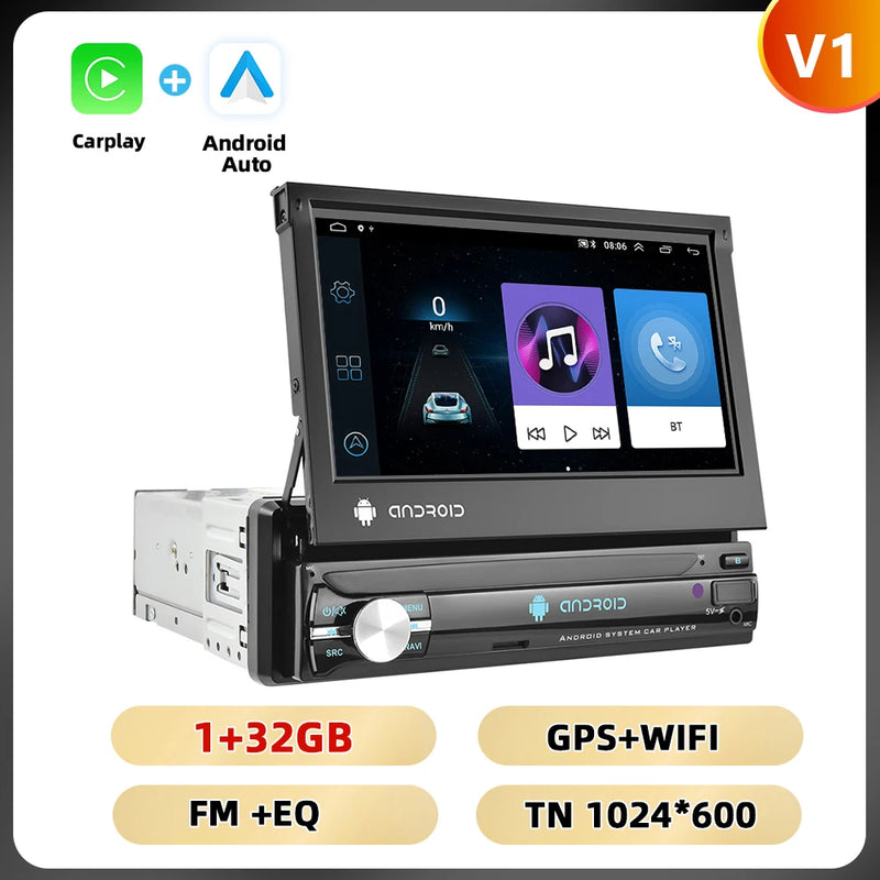 Podofo 1Din 7 ''Car Multimedia Player 8 + 128G 8Core Car Radio Carplay Android Car WIFI GPS Navigation Retractable Screen Stereo