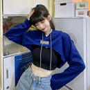 Female Cut Out Crop Top Hoodie Long Sleeve Hooded Pullover Sweatshirt Drop Shoulder Drawstring Hoodie Crop Jumper-Top