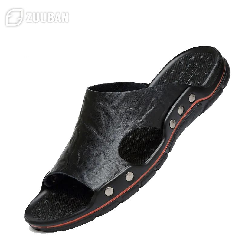 Mens Slippers Outdoor Summer Genuine Leather Slides for Men Couple Non-slip Women Home Fashion Casual Single Shoes Large Size