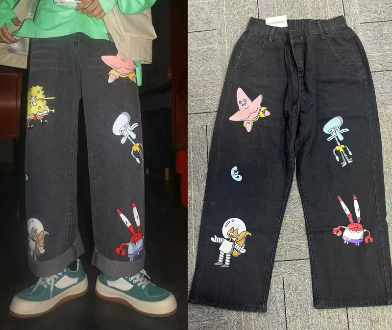 Men and Women Straight Loose Autumn Korean Style Cartoon Printed Jeans Pants Street Hip-hop Handsome Nine-point Pants Fashion