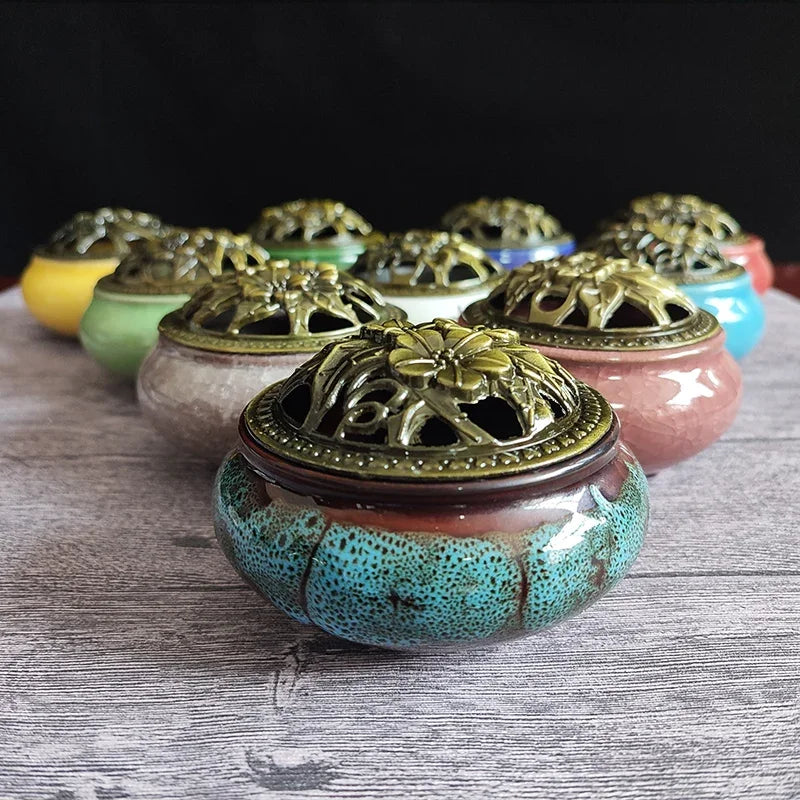 YXYMCF Ceramic Kiln Discoloration Incense Burner Household Incense Holder Zen Buddha Cone Coil Stick Incense Base Bronze Cover