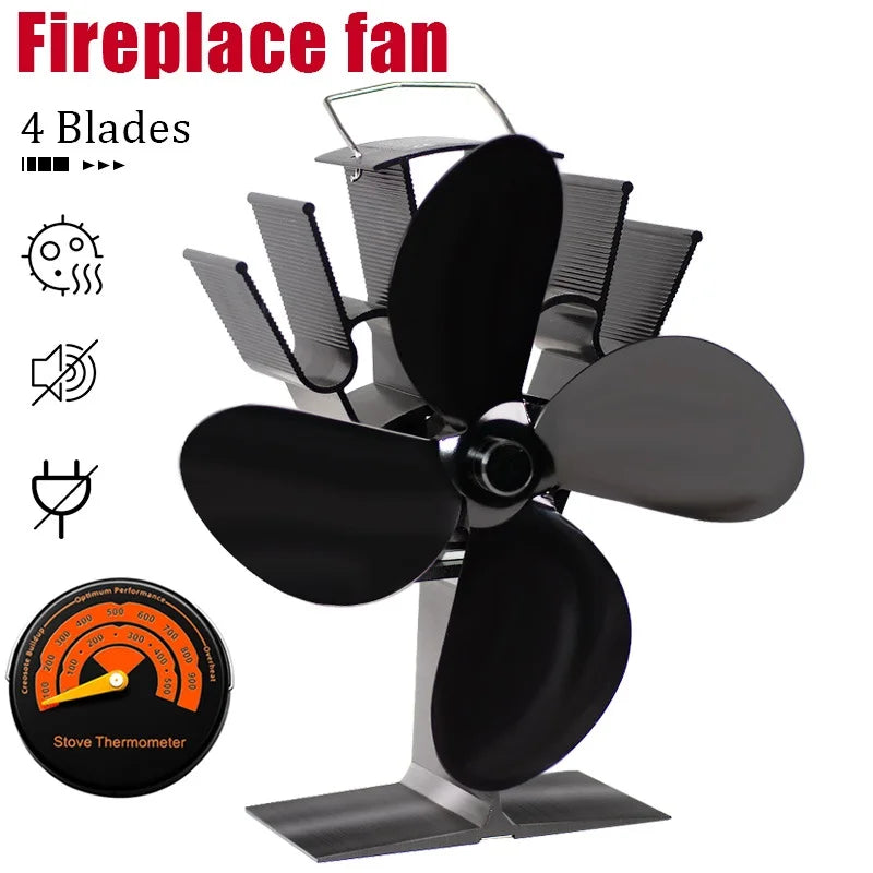 4 Blade Heat Powered Stove Fan Black Fireplace Fan komin Log Wood Burner Eco Friendly Quiet Fan Home Efficient Heat Distribution