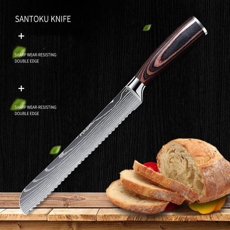 8 Inches Bread Knife Chef Cut Meat Cheese Toast Fish Fruit Knife Laser Damascus Knives Wooden Handle Professional Kitchen Knives