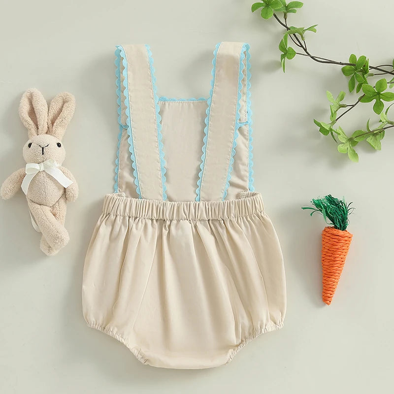 FOCUSNORM 0-18M Lovely Baby Boys Girls Easter Romper Overalls Rabbit Carrot Embroidery Sleeveless Square Neck Jumpsuit