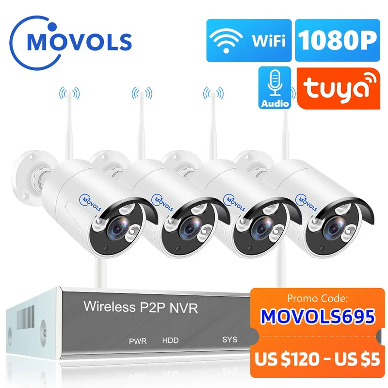 MOVOLS H.265 Wireless CCTV System 8CH 1080P Tuya NVR 2MP Outdoor Waterproof Wifi IP Security Camera Audio Video Surveillance Kit