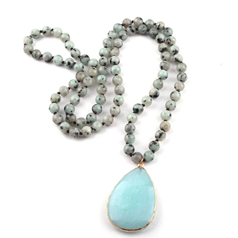 Fashion Bohemian Jewelry 8mm Stone Knotted Stone Drop Pendant Necklaces For Women Jewelry