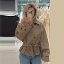 Chic Grid Belt Women's Coat Double Breasted Lapel Lace-Up Long Sleeve Lady Coats 2026 Autumn Fashion Female Vintage Jacket Lady