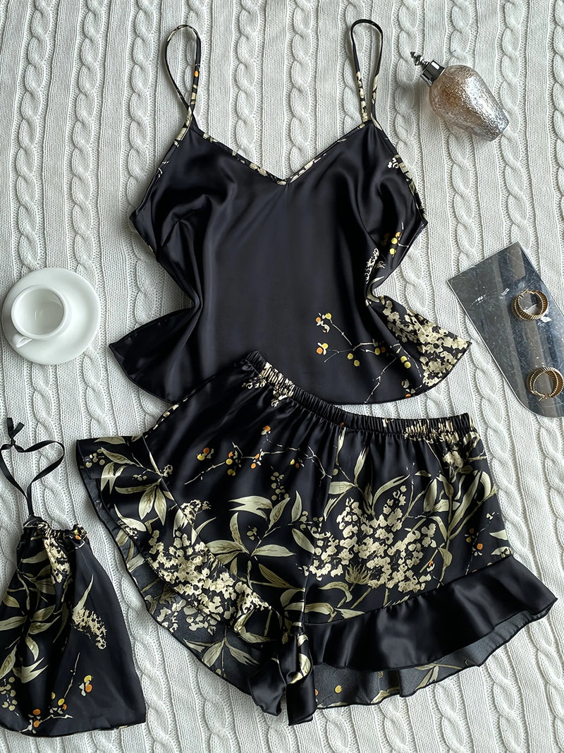 Elegant Floral Print Cami Tops   Ruffle Hem Shorts Pajama Set  Women's Sleepwear   Loungewear