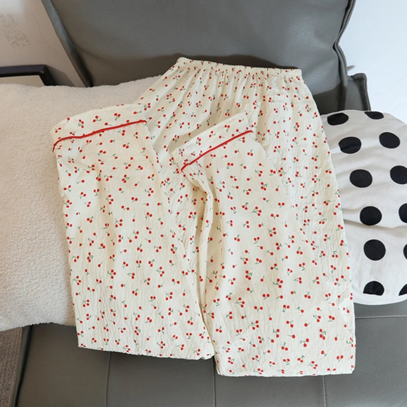 New Autumn Cherries Pajama Sets for Women Faux Cotton Outfits for Women Soft Lapel Cardigan 2 Piece Set Sweet Cute Women Pajama
