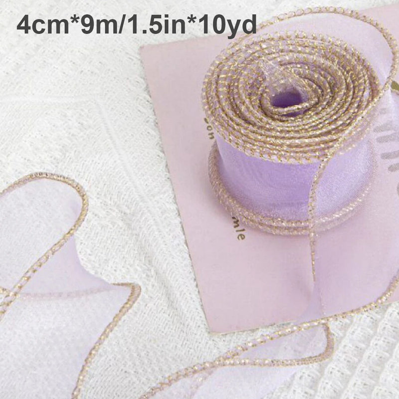 10Yards Sheer Wired Organza Ribbon With Golden Edge Chiffon Ribbon for Wedding Birthday Gift  Bouquet Wrapping DIY Decorations