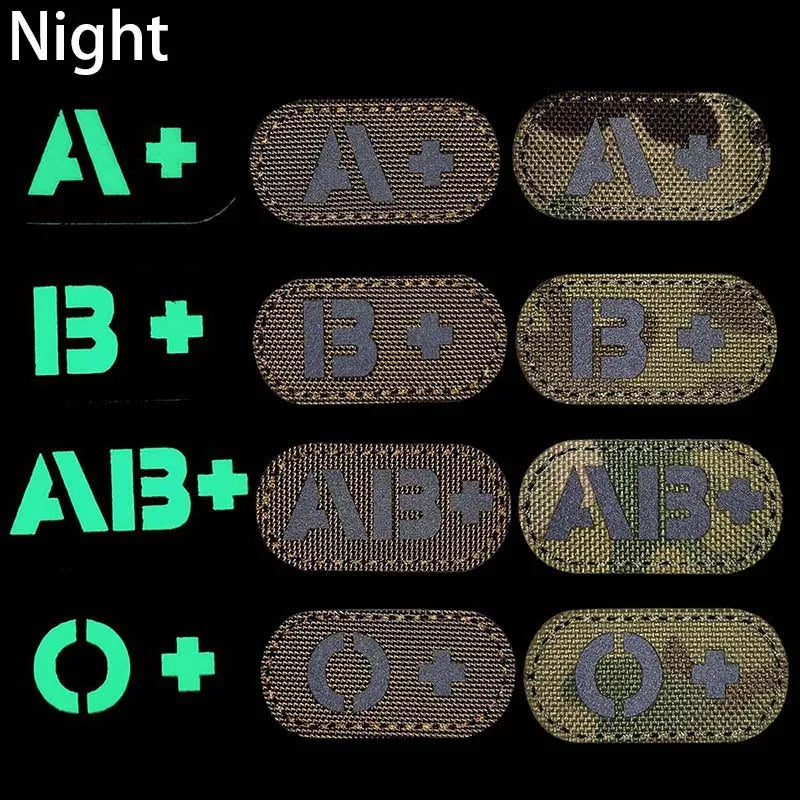 5*2.5CM IR Reflection Blood Type A B AB O POS NEG Embleem Hook and Loop Patches,Tactical Badges Clothes Stickers Glow in Dark