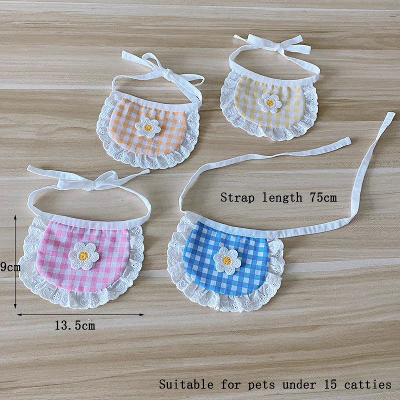 Bibs for small pets. A cute floral check bib. A popular lace bib. Four color options are available. Stylish, Simple, Durable