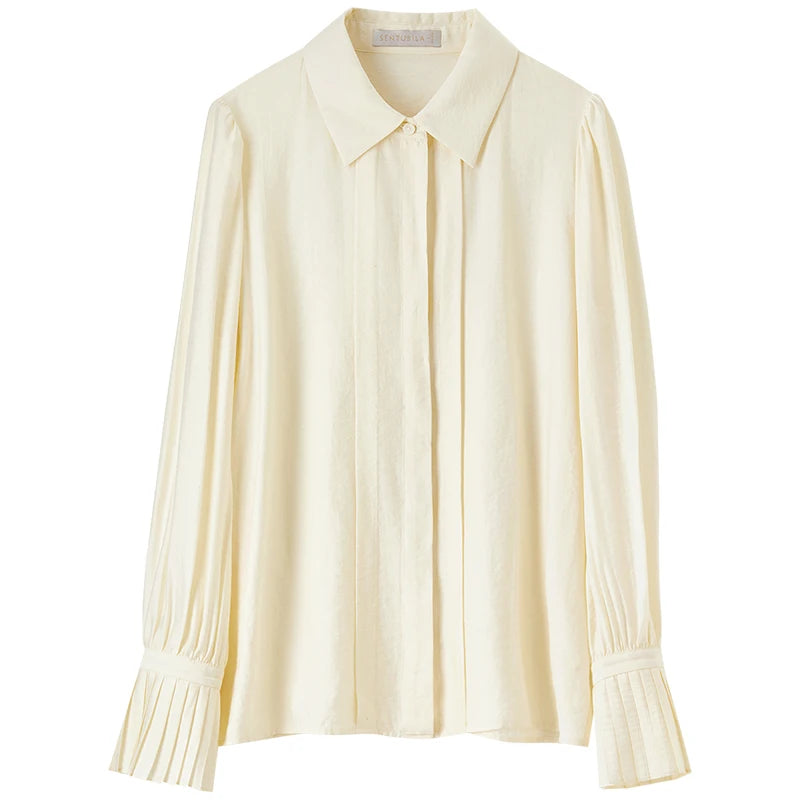 SENTUBILA Office Lady Long Sleeve Shirt Women 2025 Autumn Fall Fashion Pleate-detail Sleeve Button Up Shirts & Blouses 143C55634