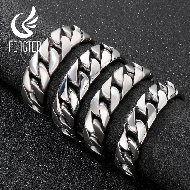 Fongten Cuban Chain Bracelet For Men Shiny Matte Stainless Steel Heavy Male Bracelets Bangle Silver Color Curb Jewelry