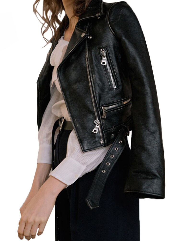 Fitaylor Black Faux Leather Jacket Women Spring Autumn Short Soft Pu Leather Jackets With Belt Zipper Moto Biker Coat