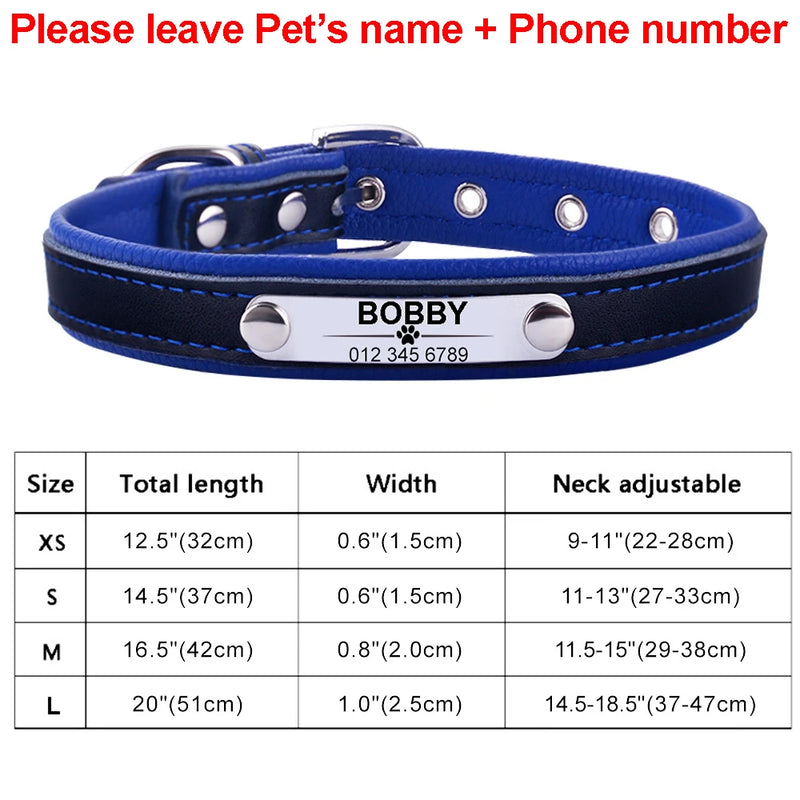 Leather Dog Collar Personalized Custom Engraved Name Plate Puppy Pet Dogs XS/S/M/L Dog Tag