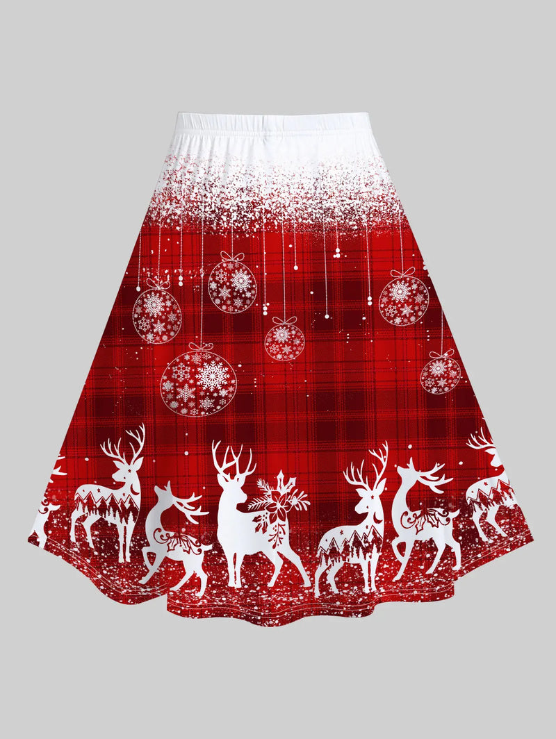 ROSEGAL Plus Size Fashion 3D Printed A Line Skirts Women Basics High Rise Skirt Christmas Ball Elk Snowflake Graphic Skirt S-5XL