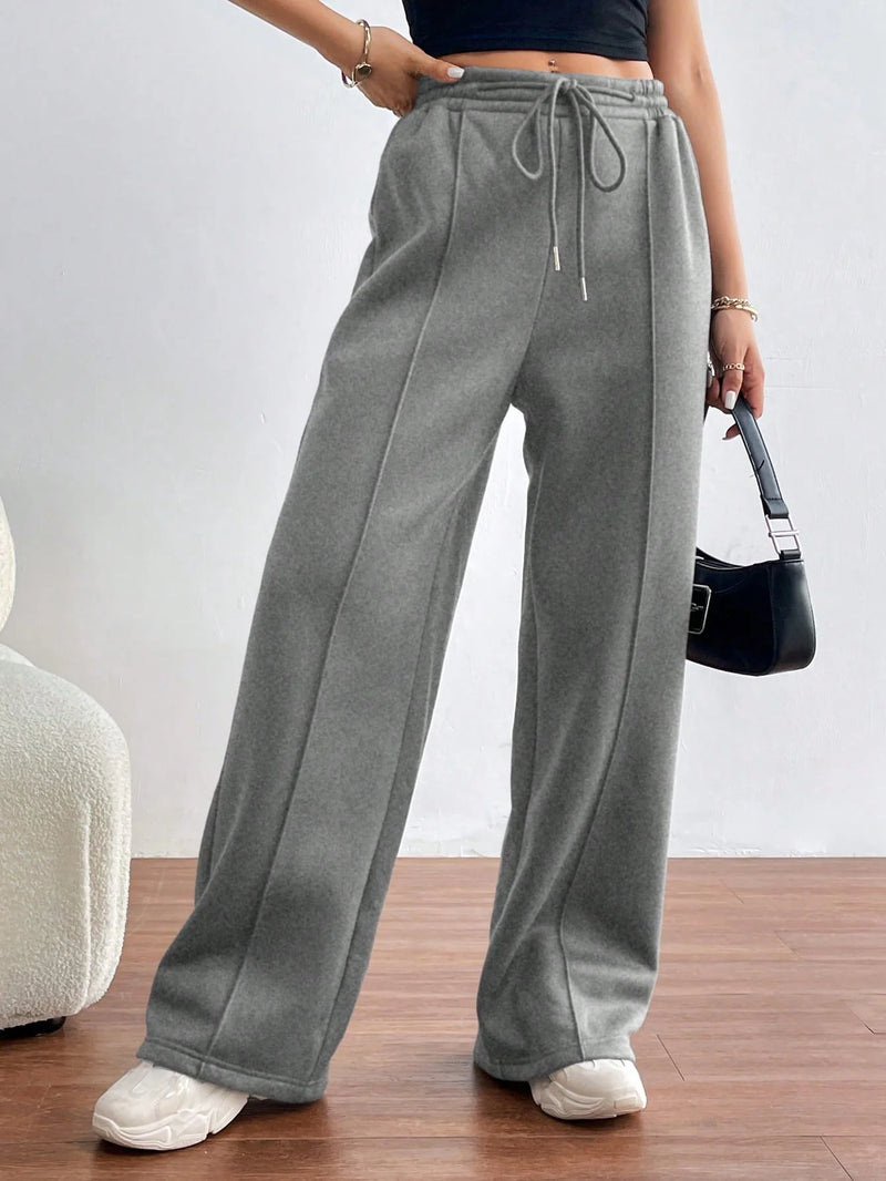 Women Wide Leg Sweetpants Winter Thick Casual Pants Straight Pants Elastic Waist Drawstring Fitness Joggers Pants Travel Basic