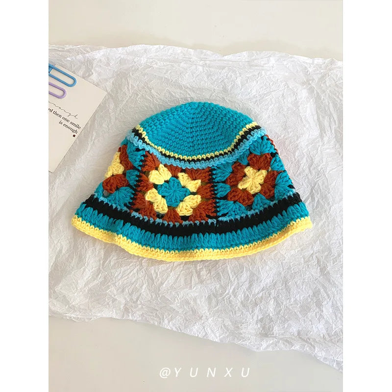 Retro Versatile Japanese Dopamine Rainbow Knitted Bucket Hats for Women Spring and Autumn Travel Fashion Casual Basin Cap