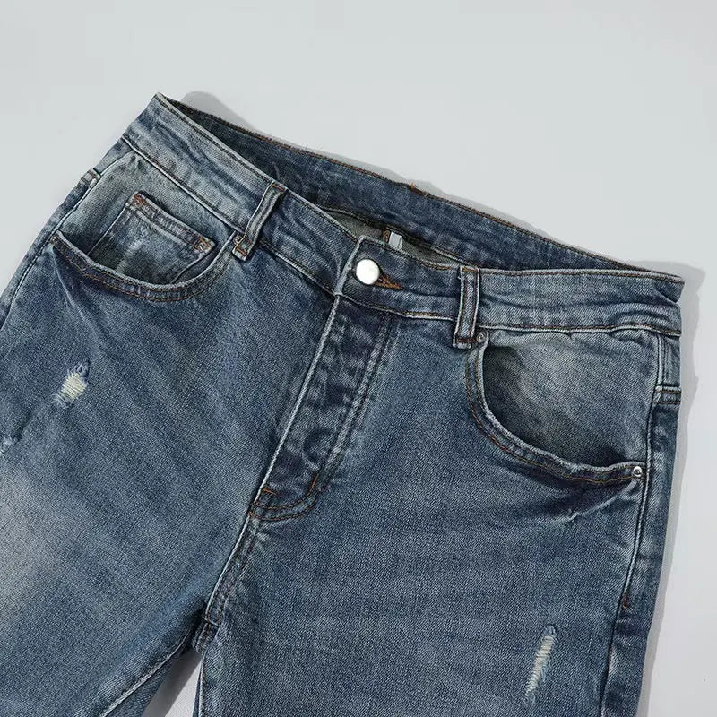Street Fashion Men Jeans Retro Blue Stretch Skinny Fit Ripped Jeans Men Red Leather Patched Designer Hip Hop Brand Denim Pants