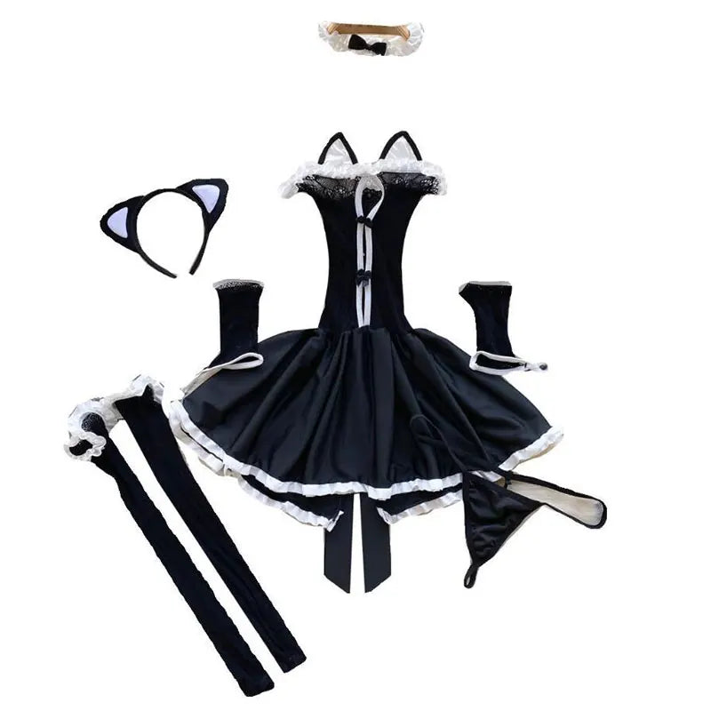 Kawaii Girls Black Night Dress Ruffle Cake Lolita Princess Dress Hollow Strapless Evening Dress Nightgown Cosplay Sexy Pajama