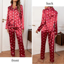 Women's Printed with Red Satin Heart-Shaped Printed Long Sleeved Button up Shirt Paired with Long Pants Casual Pajama Set