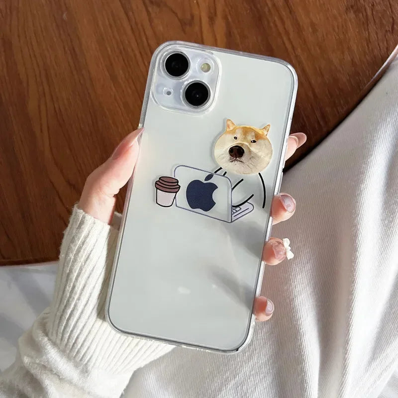 Funny Cartoon Working Cats and Dogs Clear Phone Case For iPhone 15 14 13 12 11 Pro Max Mini XR X 14Plus Thin Soft Silicone Cover