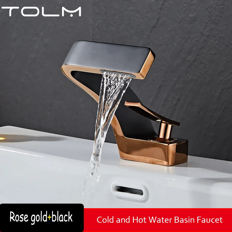 TOLM Brass Black Gold Basin Faucet Bathroom Sink Faucets Hot Cold Water Mixer Crane Deck Mounted Single Handle Hole Bath Kitchen